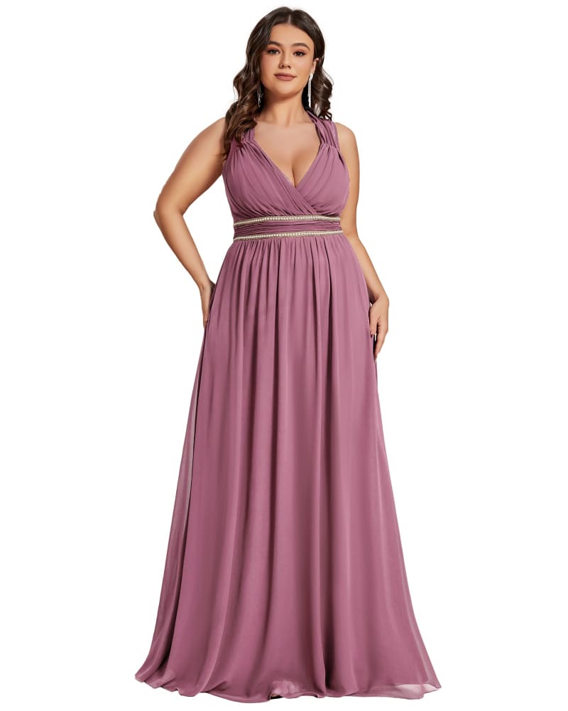 Front of a model wearing a size 12 V-Neck Sleeveless Beaded Belt Chiffon A-Line Evening Dress in Purple Orchid by Ever-Pretty. | dia_product_style_image_id:325221